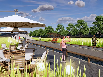 Rural Landscape With Outdoor Seating Area Walking Path People And Cyclist Under Blue Sky 3d model