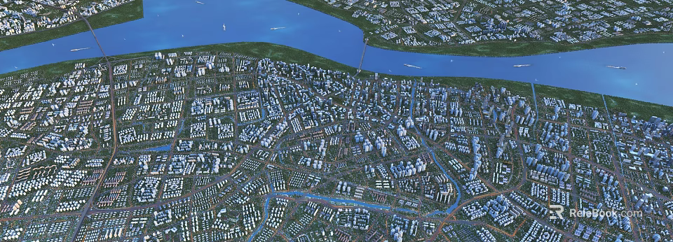Aerial View Planning of Urban City Layout with River Buildings and Roads 3d model 