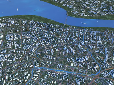 Aerial View Planning of Urban City Layout with River Buildings and Roads 3d model
