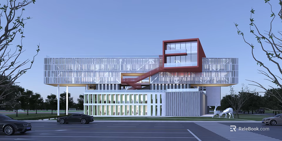 Modern School Building Design Featuring Glass Facade Red Staircase Pillars And Green Parking Lot 3d model 