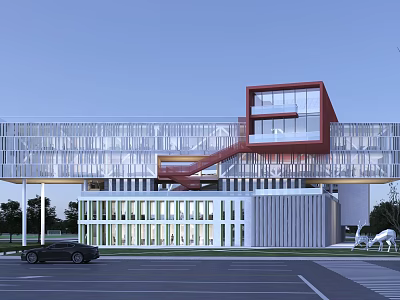 Modern School Building Design Featuring Glass Facade Red Staircase Pillars And Green Parking Lot 3d model