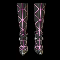 Black High Heel Boots With Pink Crisscross Lines And Silver Toe Caps