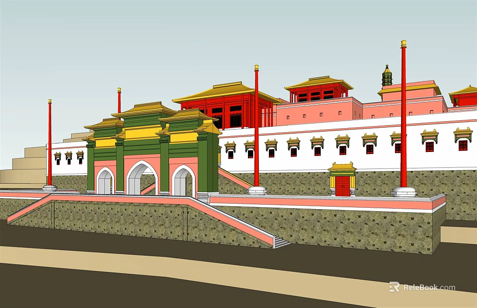 Ancient Chinese Architecture with Traditional Roof Red Pillars and White Walls 3d model 