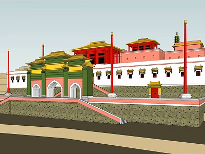 Ancient Chinese Architecture with Traditional Roof Red Pillars and White Walls 3d model