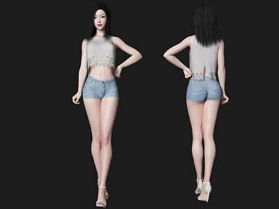 Woman In Gray Sleeveless Top With Lace Details Blue Denim Shorts White Heels 3d model