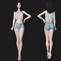Woman In Gray Sleeveless Top With Lace Details Blue Denim Shorts White Heels