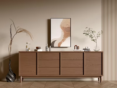 Warm Wooden Entryway Sideboard Cabinet With Decorative Vases Artwork And Green Plants 3d model