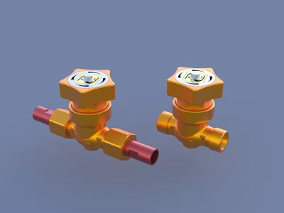 Golden Metal Pipe Valves With Hexagonal Tops And Red Connectors For Plumbing System 3d model