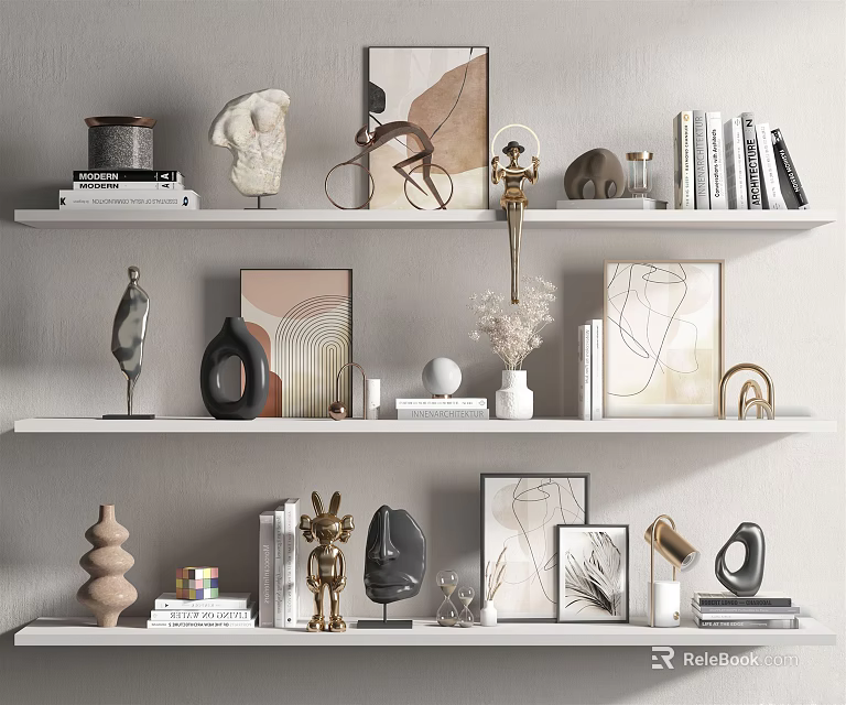 Modern Decorative Ornament Combination On White Shelves With Sculptures Frames Vases And Books 3d model 