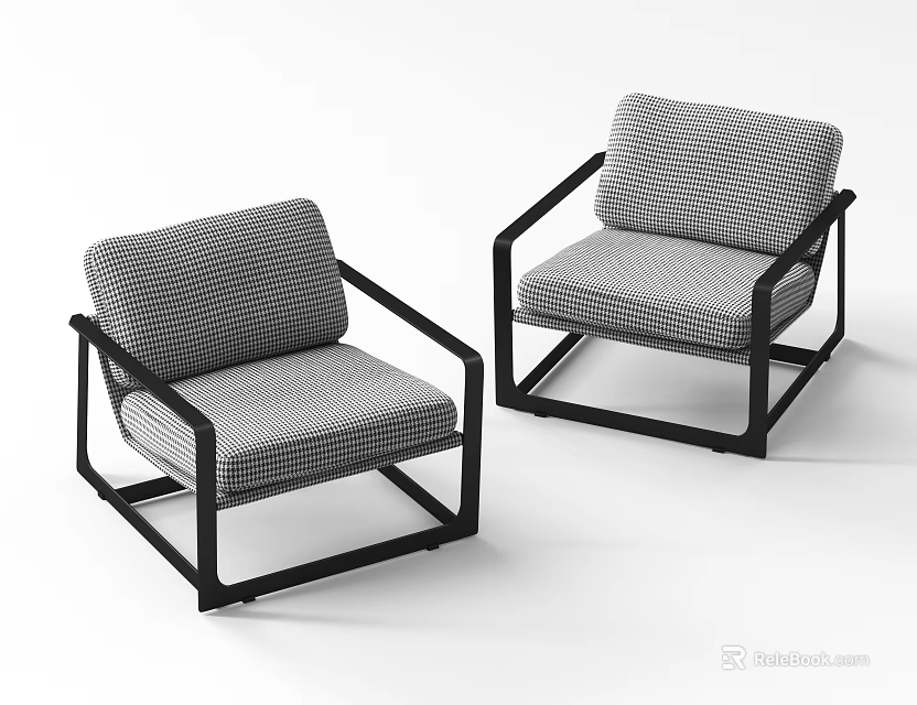 Modern Single Sofa With Black Metal Frame And Gray Checkered Upholstery 3d model 
