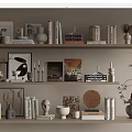 Stylish Decorative Ornament Set With Framed Art Books Vases And Sculptures On Shelves
