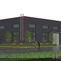 Modern Industrial Factory Building With Gray Steel Exterior Multiple Windows External Ladder And Green Landscaping