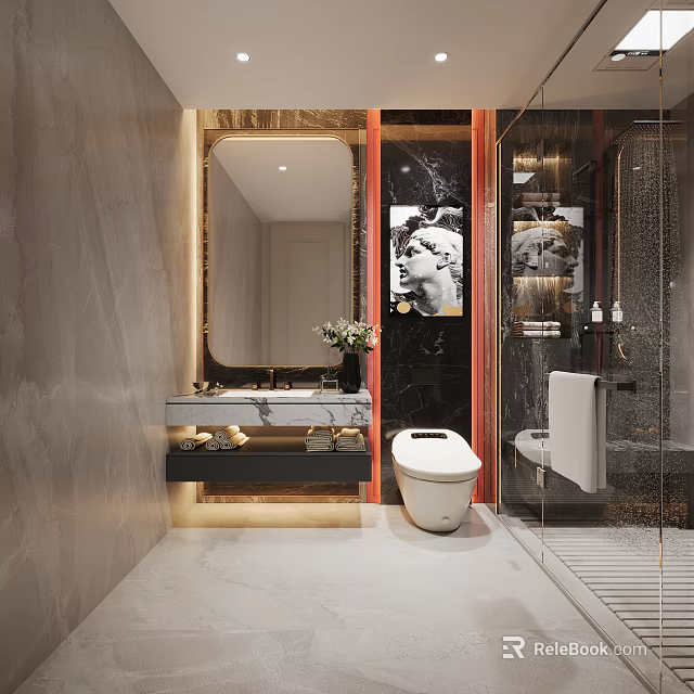 Modern Bathroom Interior With Marble Vanity Mirror Toilet Shower And Artwork Lighting 3d model 