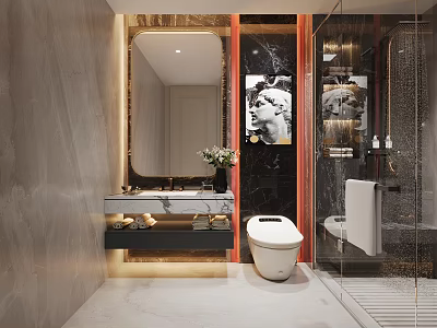 Modern Bathroom Interior With Marble Vanity Mirror Toilet Shower And Artwork Lighting 3d model