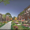 Ancient Architecture Traditional Street with Red Lanterns Lush Flowers and Stone Pedestrian Path