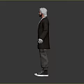 Man With White Hair Standing Wearing Brown Blazer White Shirt Brown Pants And White Sneakers