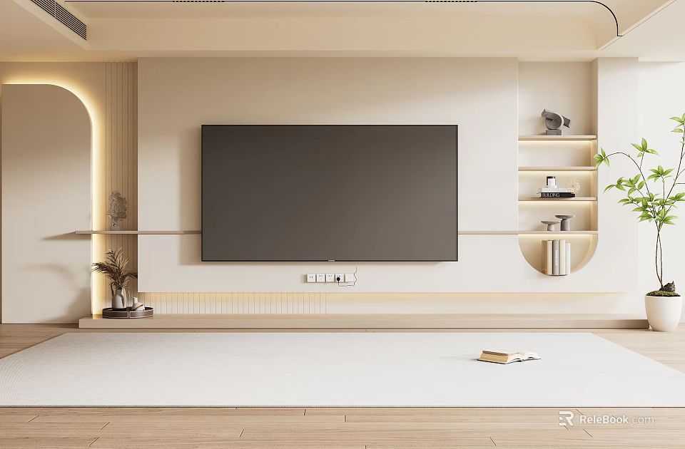Modern Minimalist TV Wall Design With Beige Panels Shelves And Soft Lighting 3d model 