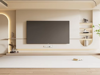 Modern Minimalist TV Wall Design With Beige Panels Shelves And Soft Lighting 3d model