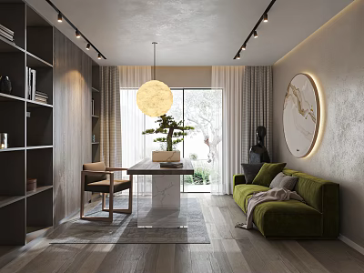 Modern Study Room Interior Design With Open Shelves Green Sofa And Round Pendant Light 3d model