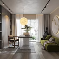 Modern Study Room Interior Design With Open Shelves Green Sofa And Round Pendant Light