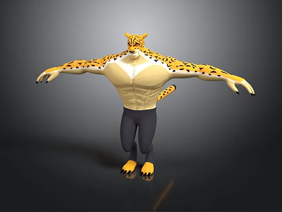 Anthropomorphic Leopard 3D Character With Muscular Spotted Body And Outstretched Limbs Standing Pose 3d model