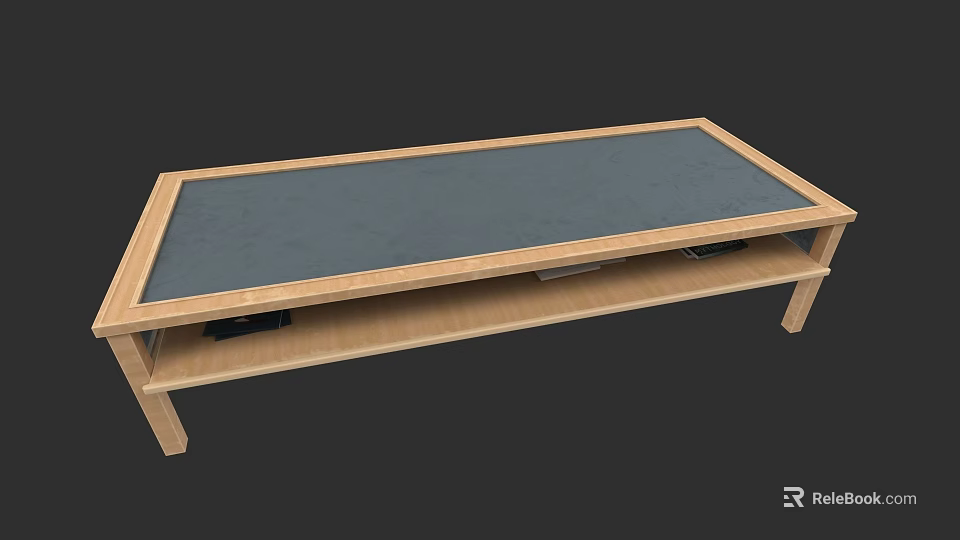 Modern Wooden Sofa and Coffee Table Set with Dark Tabletop and Open Lower Shelf 3d model 