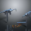 Vintage Submachine Guns With Metal Frames Displayed With Scattered Bullets On Gray Surface 3d model