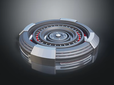 Futuristic Circular Building Structure With Metallic Multi Layered Rings And Red Accents 3d model