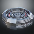 Futuristic Circular Building Structure With Metallic Multi Layered Rings And Red Accents