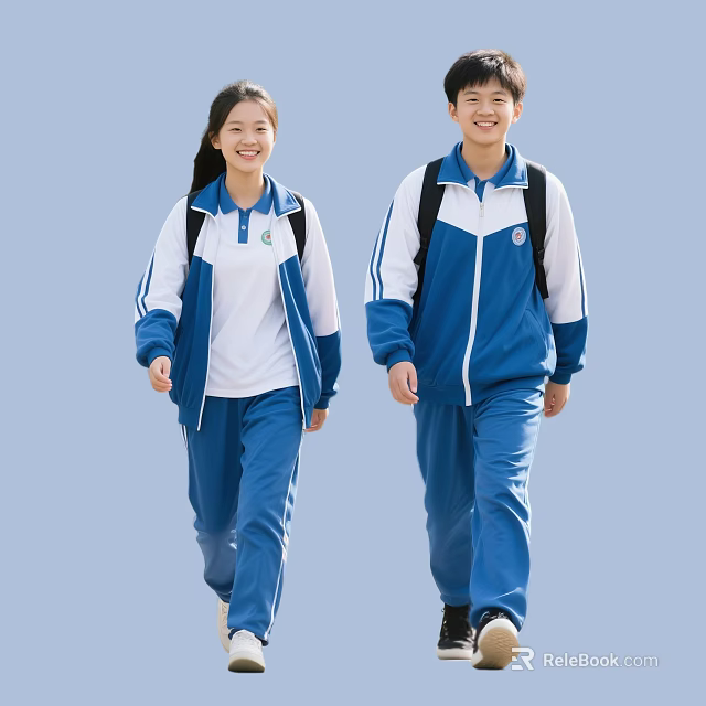 Students in Blue and White School Uniforms Carrying Backpacks Walking Together Outdoors 3d model 