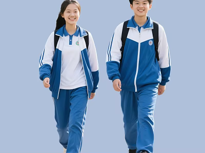 Students in Blue and White School Uniforms Carrying Backpacks Walking Together Outdoors 3d model