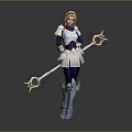 Blonde Haired Female Character In Armored Outfit Holding Creature Themed Magic Staff With Green Gemstones