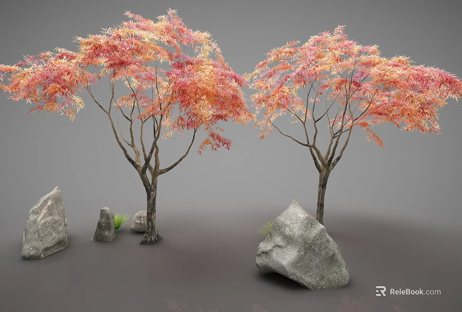 Two Beautiful Deciduous Trees With Pink Orange Foliage And Natural Stones 3d model 