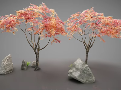 Two Beautiful Deciduous Trees With Pink Orange Foliage And Natural Stones 3d model