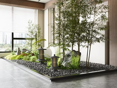 Indoor Landscape Design With Bamboo Plants Stone Lanterns And Gravel 3d model