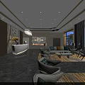Modern Service Hall Interior With Reception Desk Sofa Seats Bookshelves And Large Windows