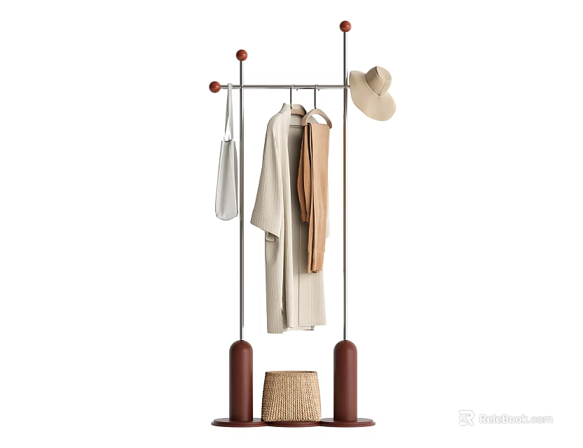 Modern Metal Coat Rack With Brown Base Hanging Hat Bag Clothes And Woven Basket 3d model 