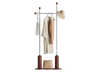 Modern Metal Coat Rack With Brown Base Hanging Hat Bag Clothes And Woven Basket 3d model