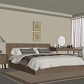 Modern Bedroom Interior Design With Bed Framed Artworks Nightstand Hanging Lamp Desk Mirror And Curtains