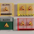 Yellow Green Red Construction Barriers With Mesh Design And Warning Signs 3d model
