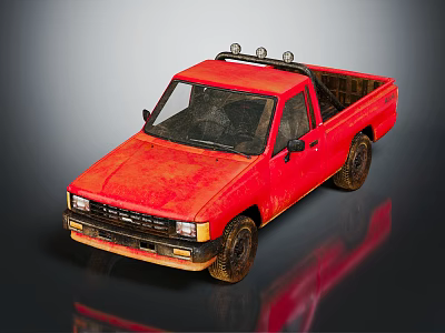 Old Red Pickup Truck With Worn Body And Roof Lights On Dark Background 3d model