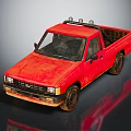 Old Red Pickup Truck With Worn Body And Roof Lights On Dark Background
