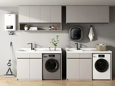 Modern Laundry Area With Two Washing Machines White Cabinets Sink And Wall Storage 3d model