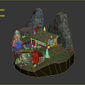 Mountain Scene Model With Wooden Cabin Pine Trees Waterfall And Rocky Hills
