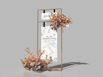 Wedding Decoration With Brass Frame White Signs And Floral Arrangements 3d model