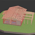 Wooden House Construction Frame Structure With Roof Truss And Windows On Green Grass