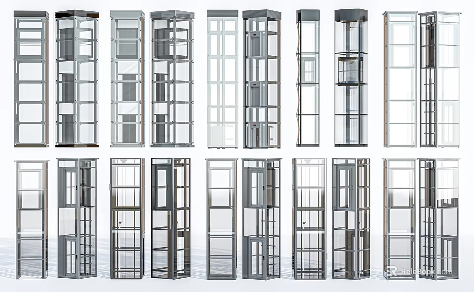Various Elevator Design Styles With Metal Frames And Glass Panels 3d model 
