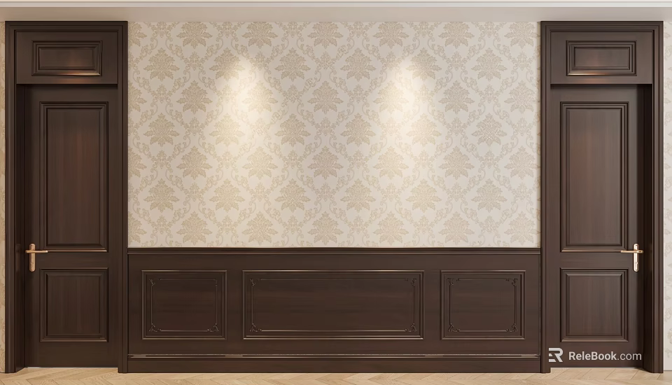 Dark Wainscoting Below Light Colored Patterned Wallpaper With Dark Doors On Both Sides 3d model