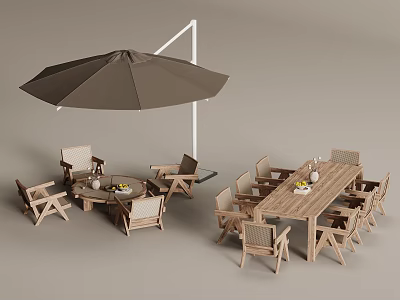 Outdoor Wooden Table and Chairs Round Rectangular Set with Umbrella Patio 3d model