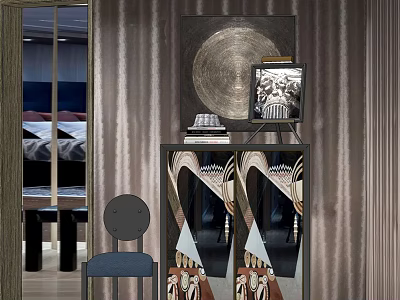 Modern Entryway Side Cabinet Design With Decorative Art Books And Dark Curtain 3d model